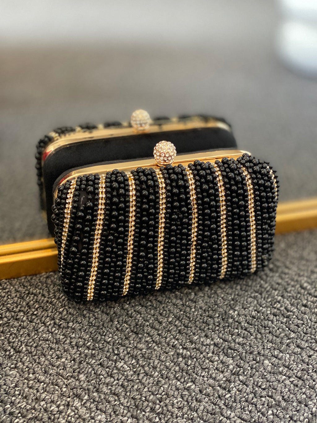 Black Clutch with Front Pearl Detail