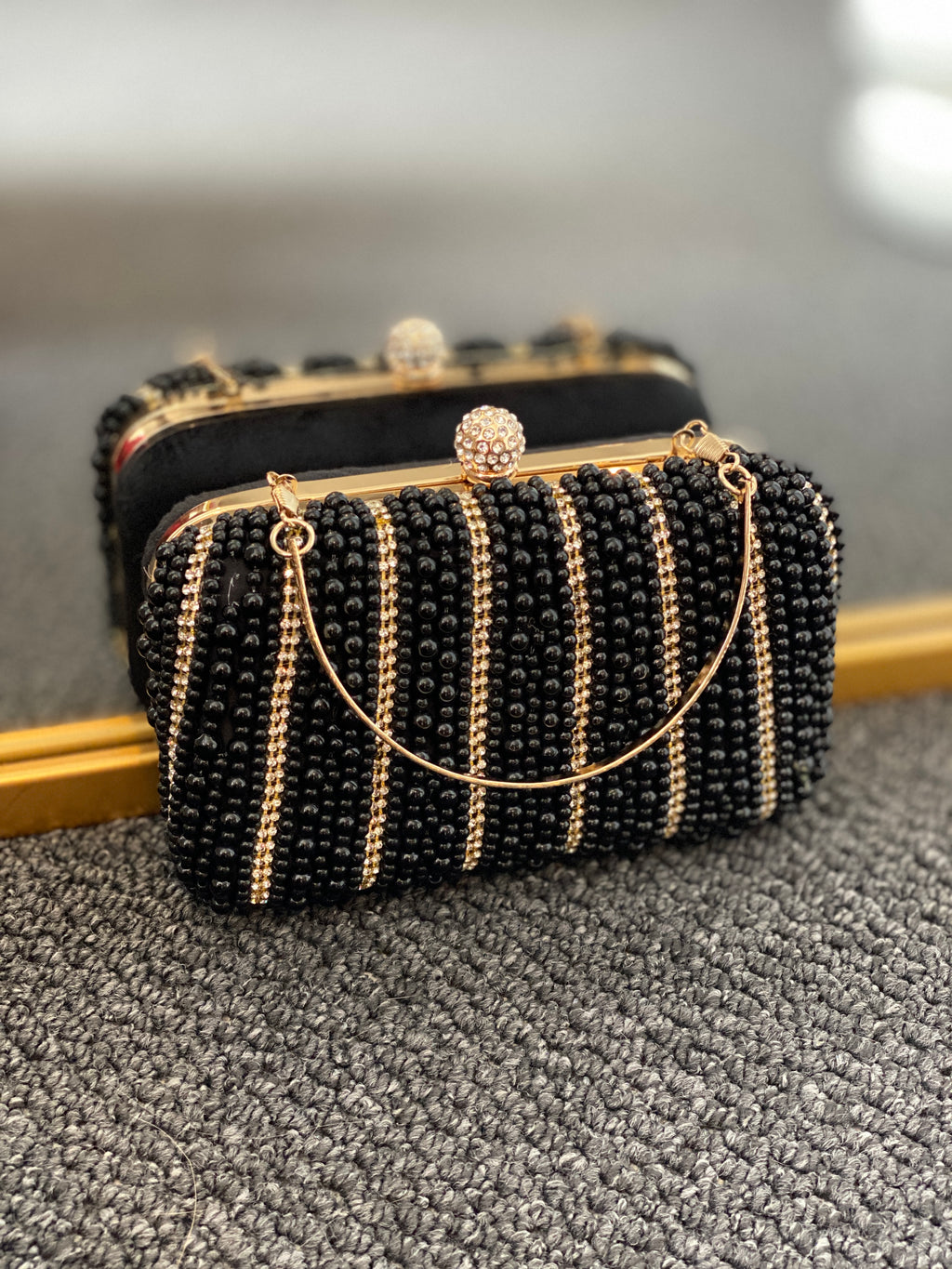 Black Clutch with Front Pearl Detail
