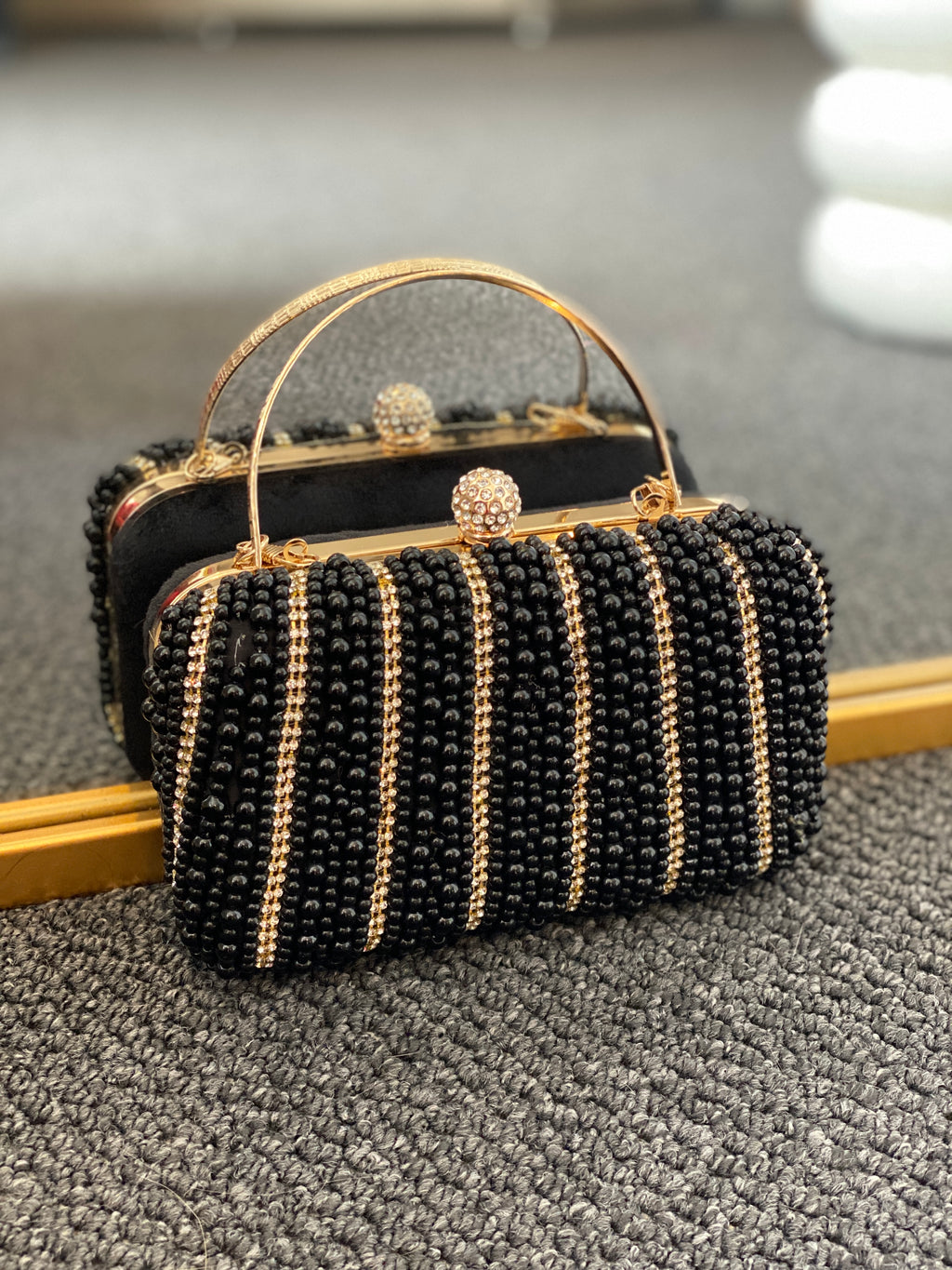 Black Clutch with Front Pearl Detail